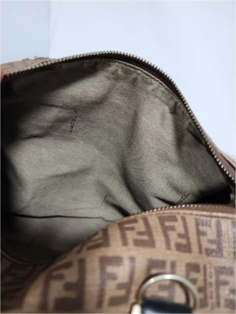 Authentic Fendi Zucchino Coated Canvas And Patent Leather Boston Bag Brown/Black